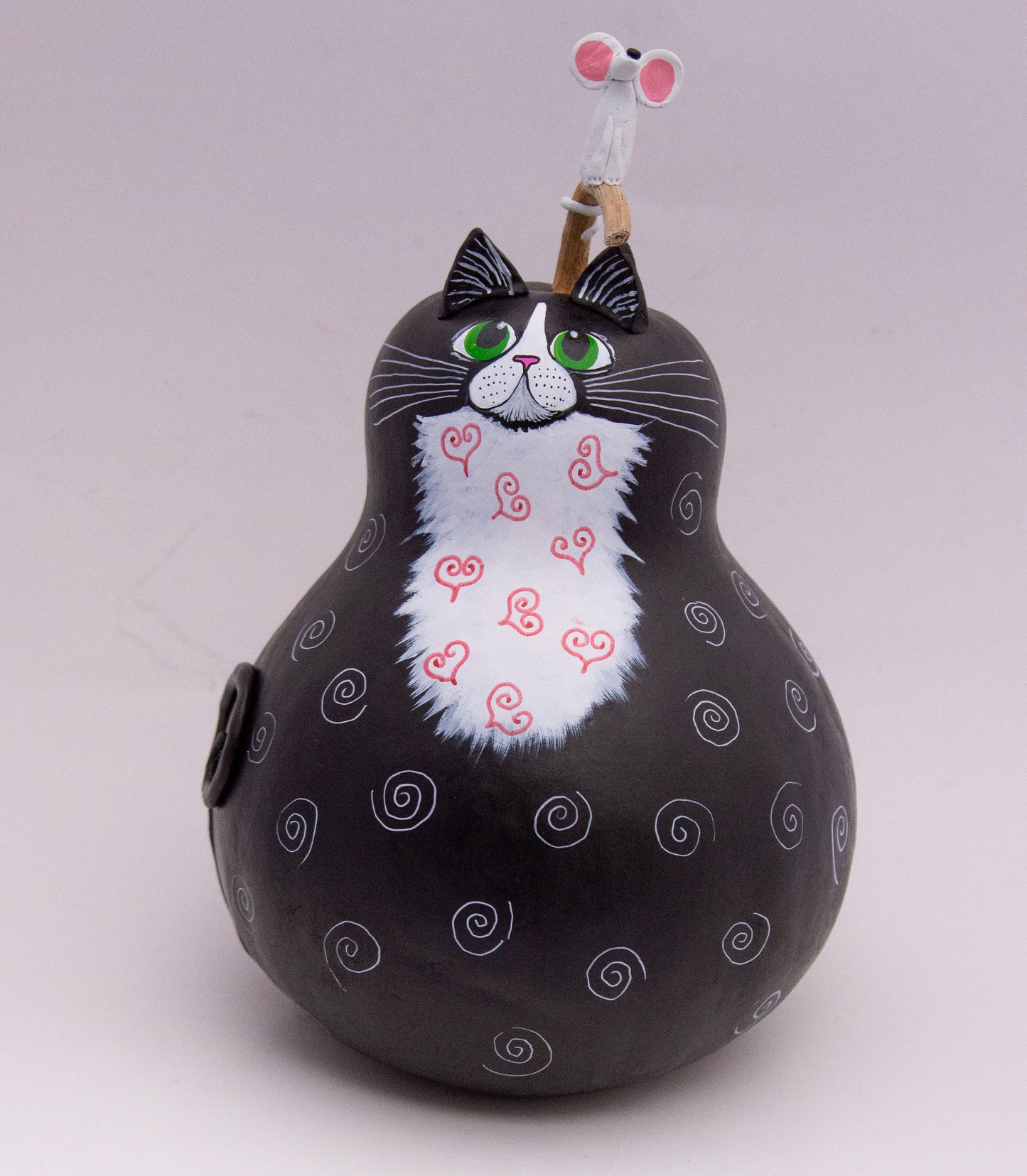 Tuxedo Cat Gourd with Mouse on the Head