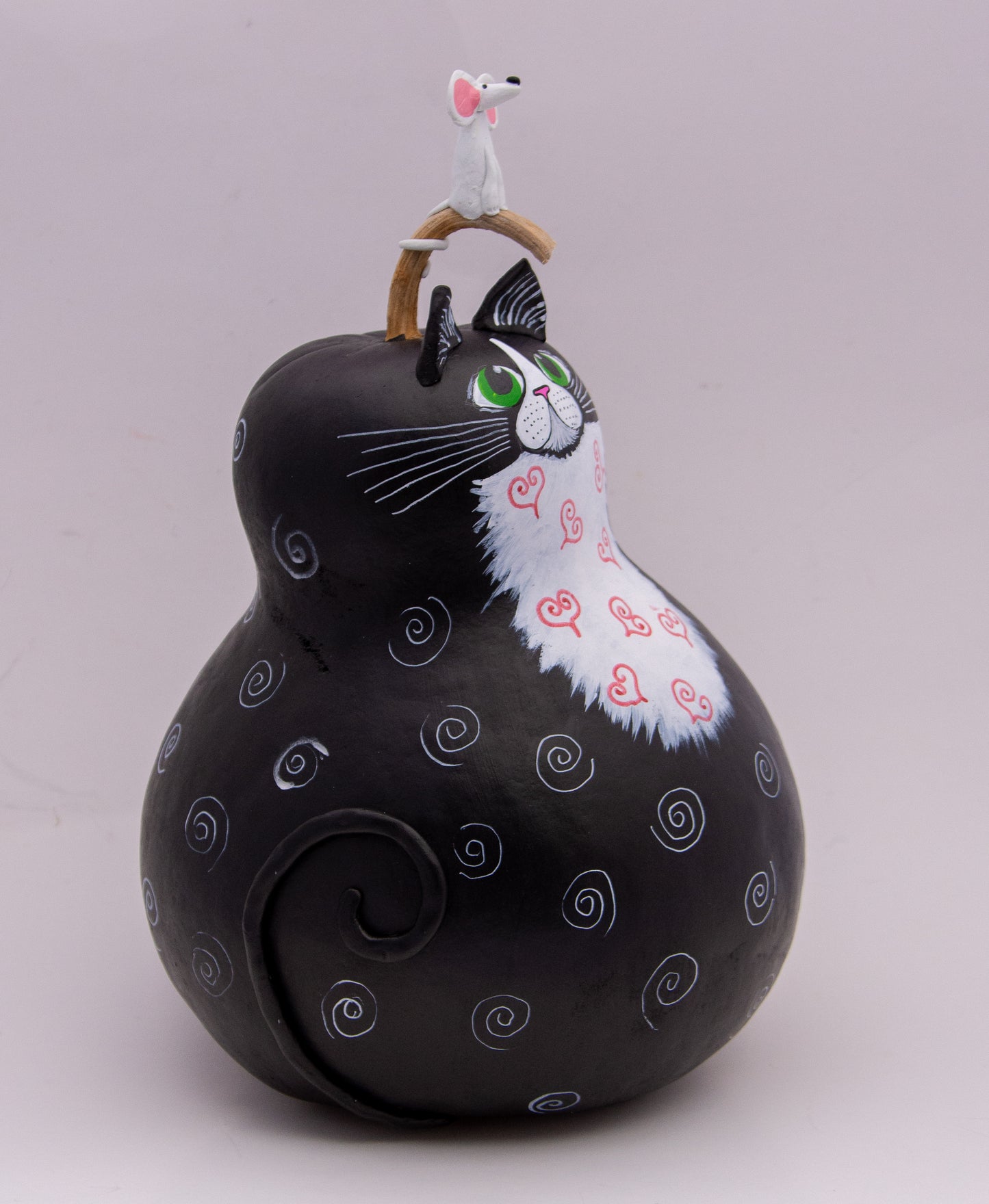 Tuxedo Cat Gourd with Mouse on the Head