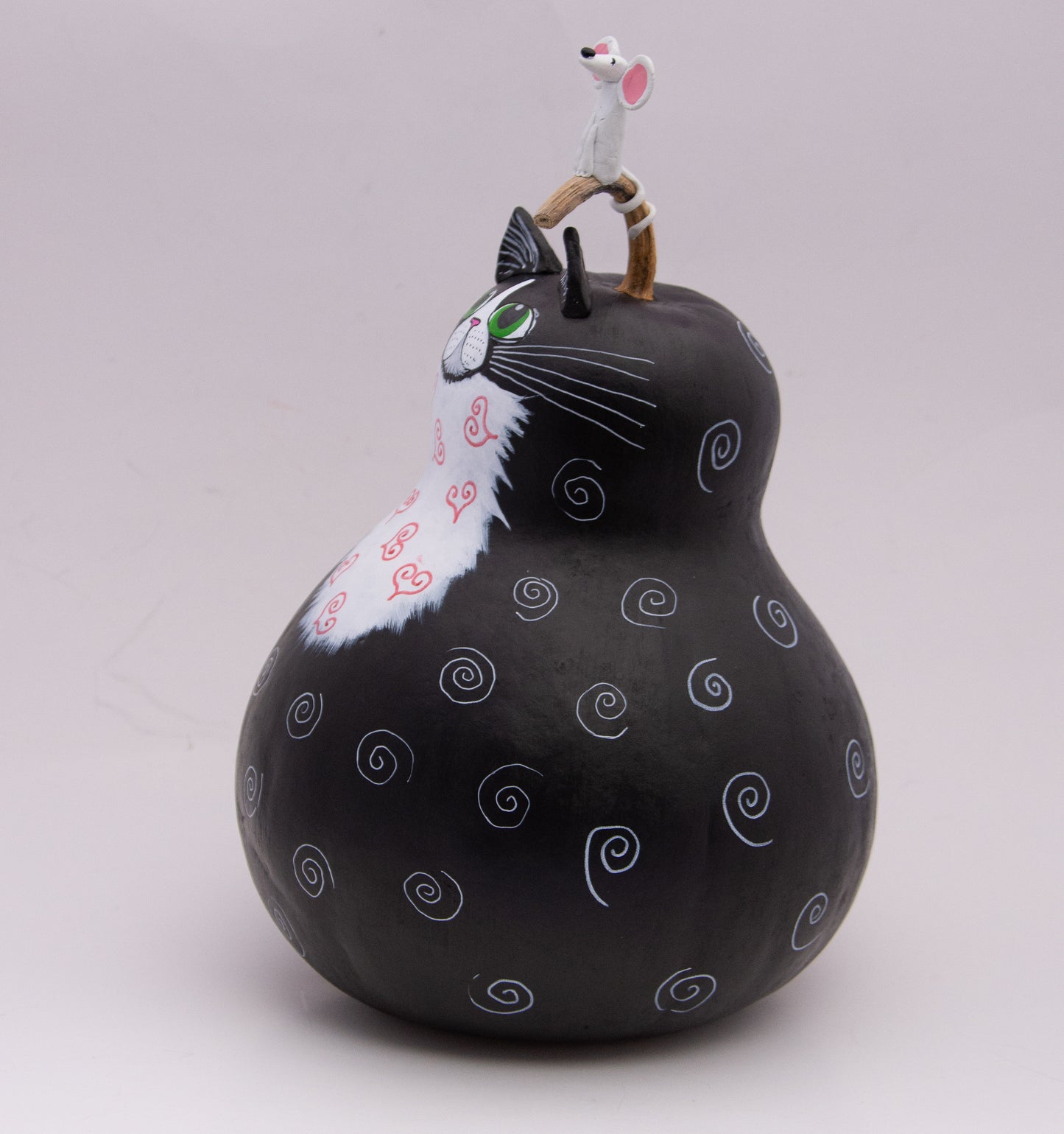 Tuxedo Cat Gourd with Mouse on the Head
