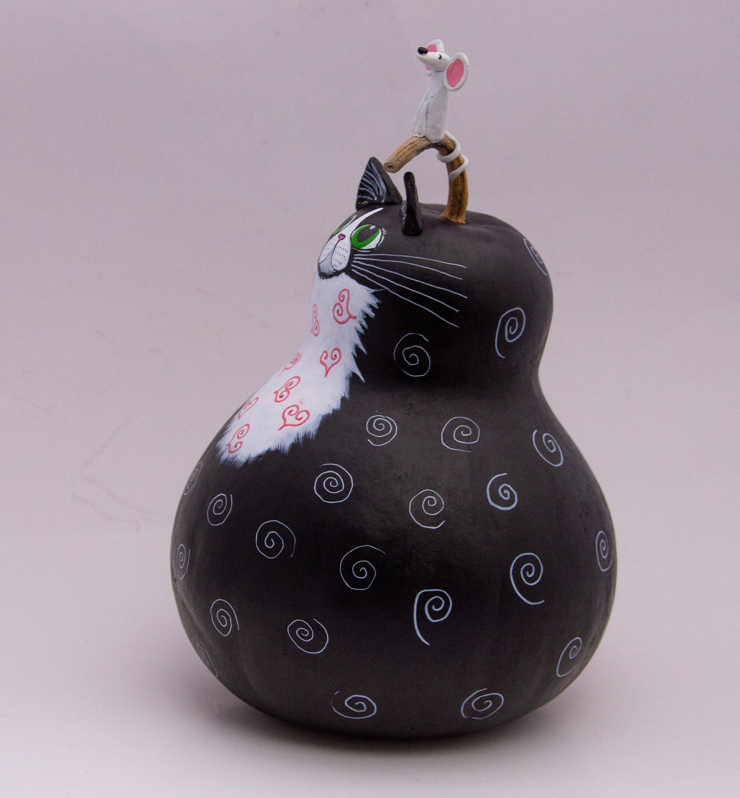 Tuxedo Cat Gourd with Mouse on the Head