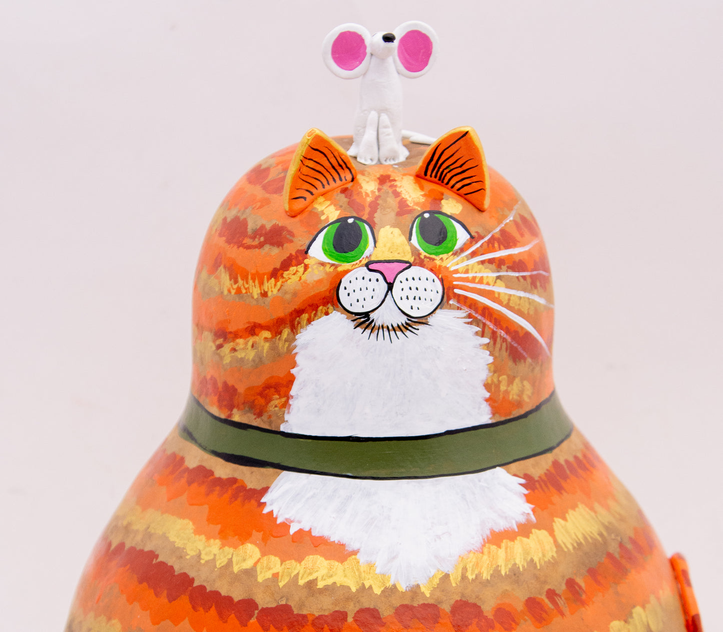 Tabby Cat Gourd Art - Orange - White Bib- Mouse on Head