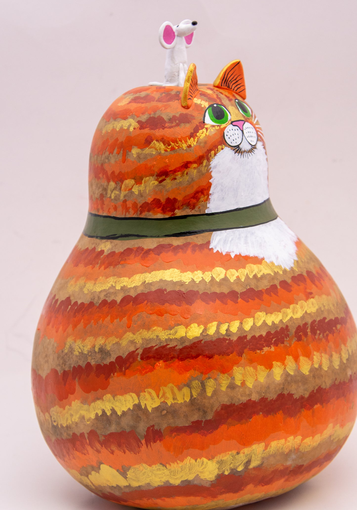 Tabby Cat Gourd Art - Orange - White Bib- Mouse on Head