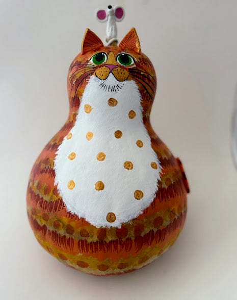 Tabby Cat Gourd Art - Orange - White Bib- Mouse on Head
