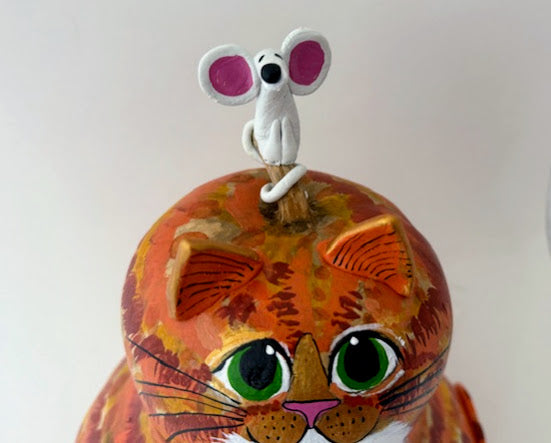 Tabby Cat Gourd Art - Orange - White Bib- Mouse on Head