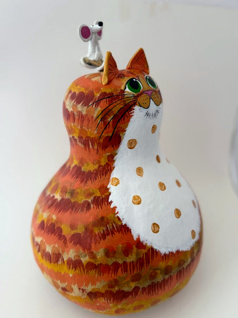 Tabby Cat Gourd Art - Orange - White Bib- Mouse on Head