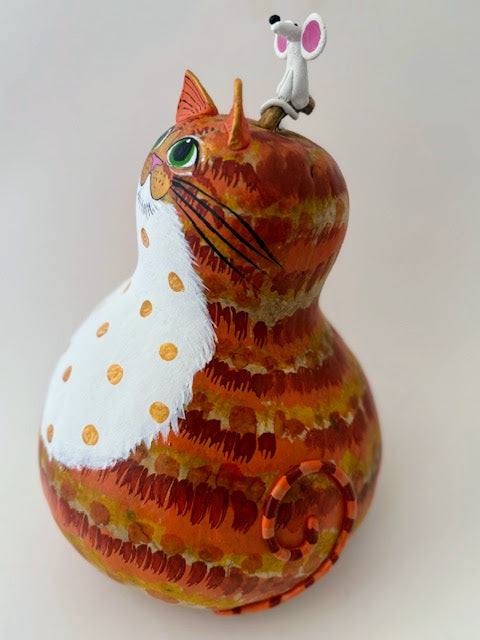 Tabby Cat Gourd Art - Orange - White Bib- Mouse on Head