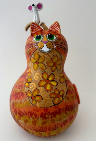 Tabby Cat Gourd Art - Orange - Natural Home Décor- Mouse on Head