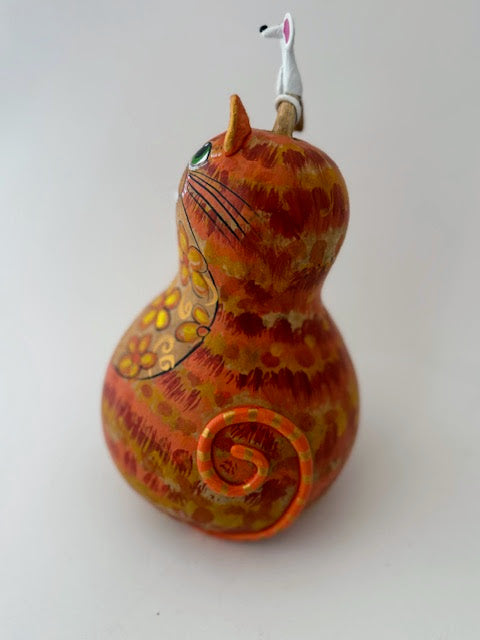 Tabby Cat Gourd Art - Orange - Natural Home Décor- Mouse on Head