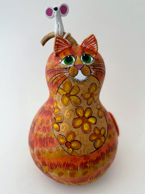 Tabby Cat Gourd Art - Orange - Natural Home Décor- Mouse on Head
