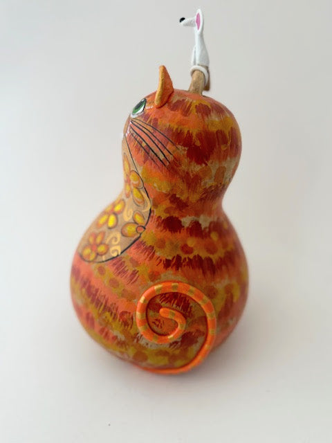 Tabby Cat Gourd Art - Orange - Natural Home Décor- Mouse on Head