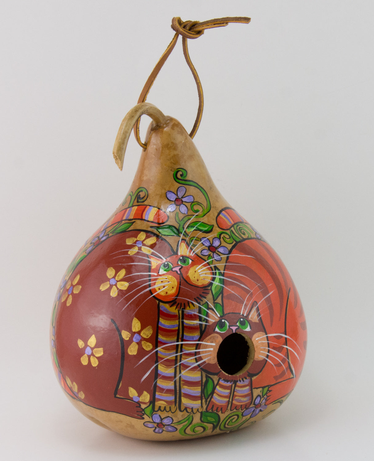 Painted Gourd Birdhouse - Folk Art Cat Design - Gourdaments