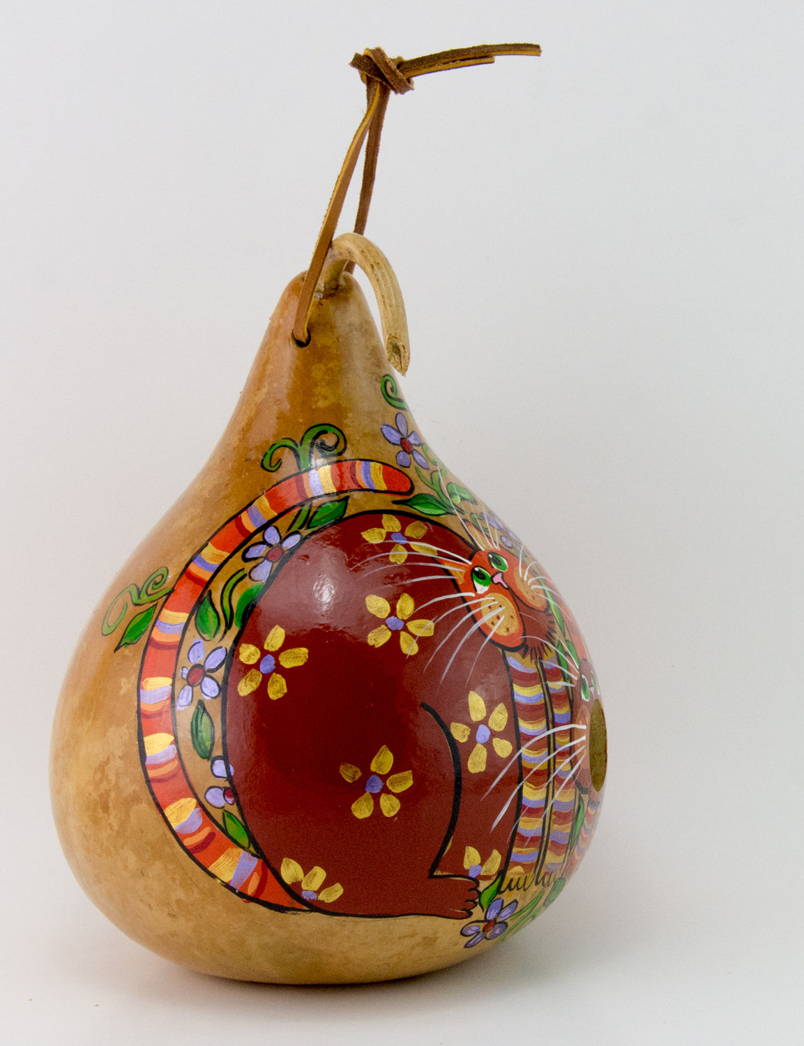 Painted Gourd Birdhouse - Folk Art Cat Design - Gourdaments