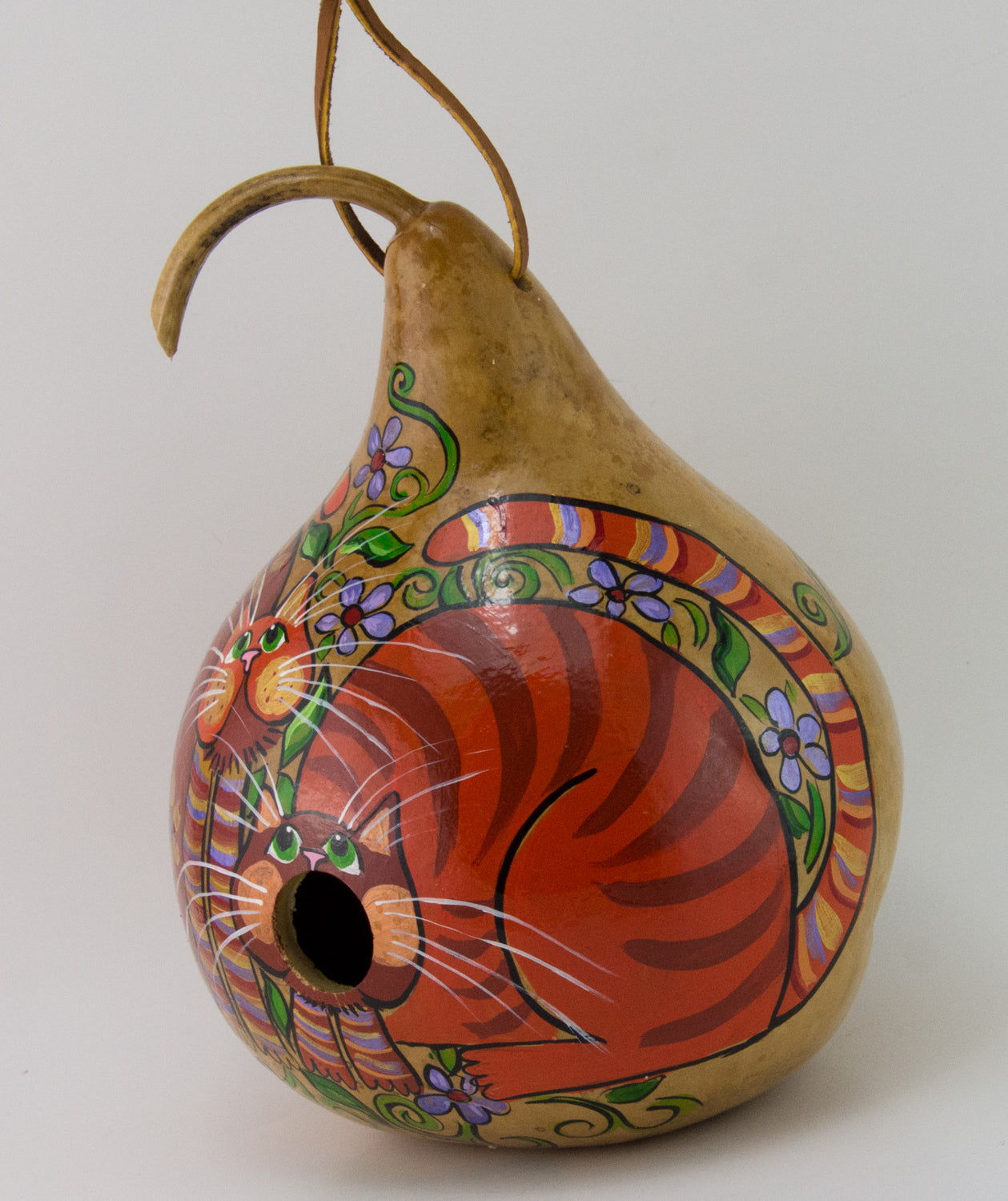 Painted Gourd Birdhouse - Folk Art Cat Design - Gourdaments