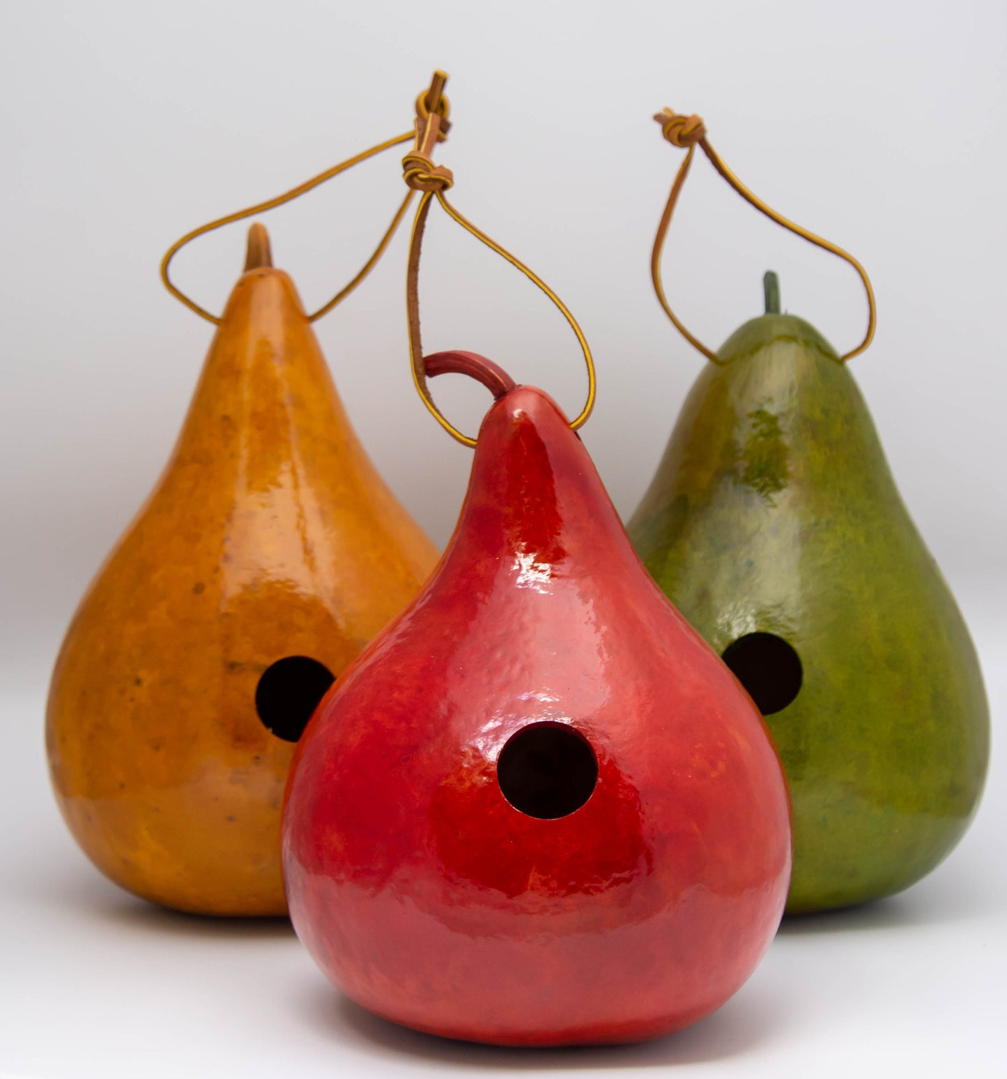 Gourd Birdhouses Handmade Set of 3 Red, Yellow and Green