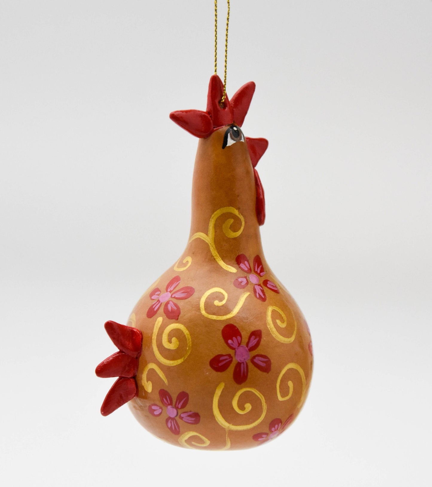 Buff Chicken Ornament - Gourd Art - Red Floral