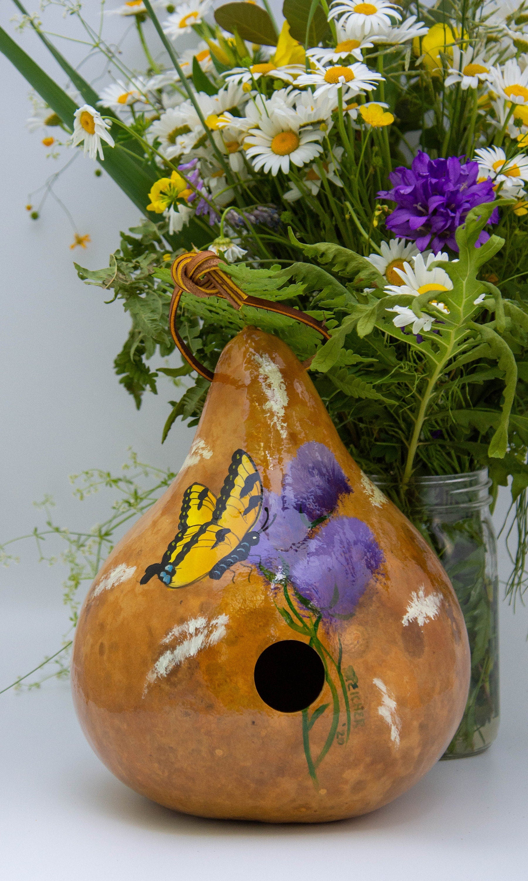 Handmade Butterfly Birdhouse With Monarch Butterfly And White Flowers ...