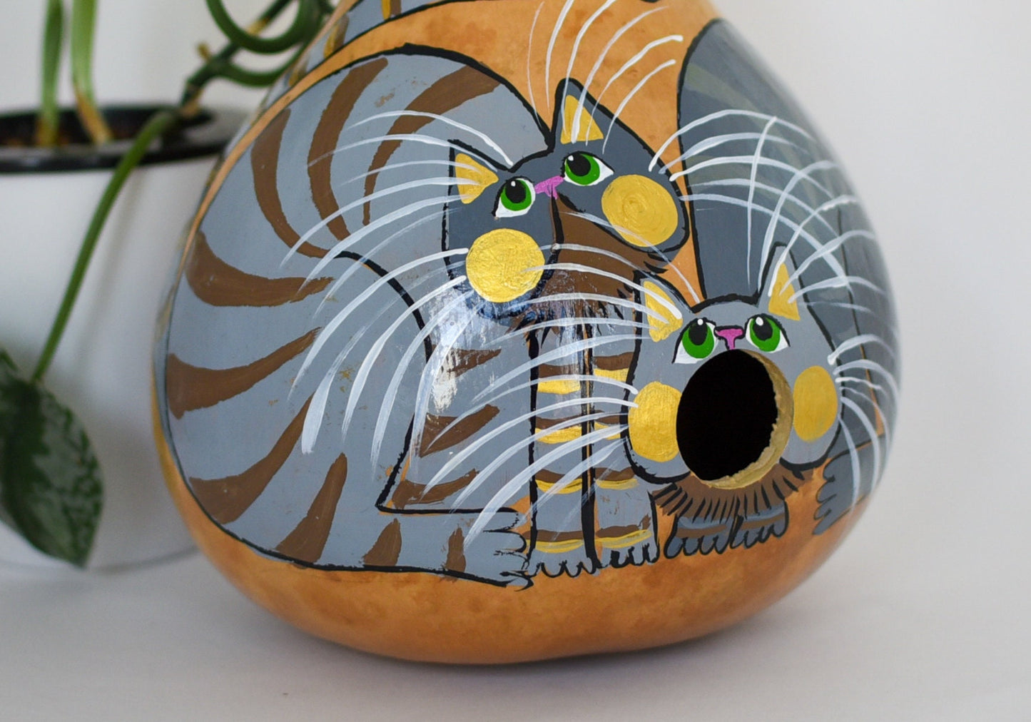 Painted Gourd Birdhouse - Gray Tabby