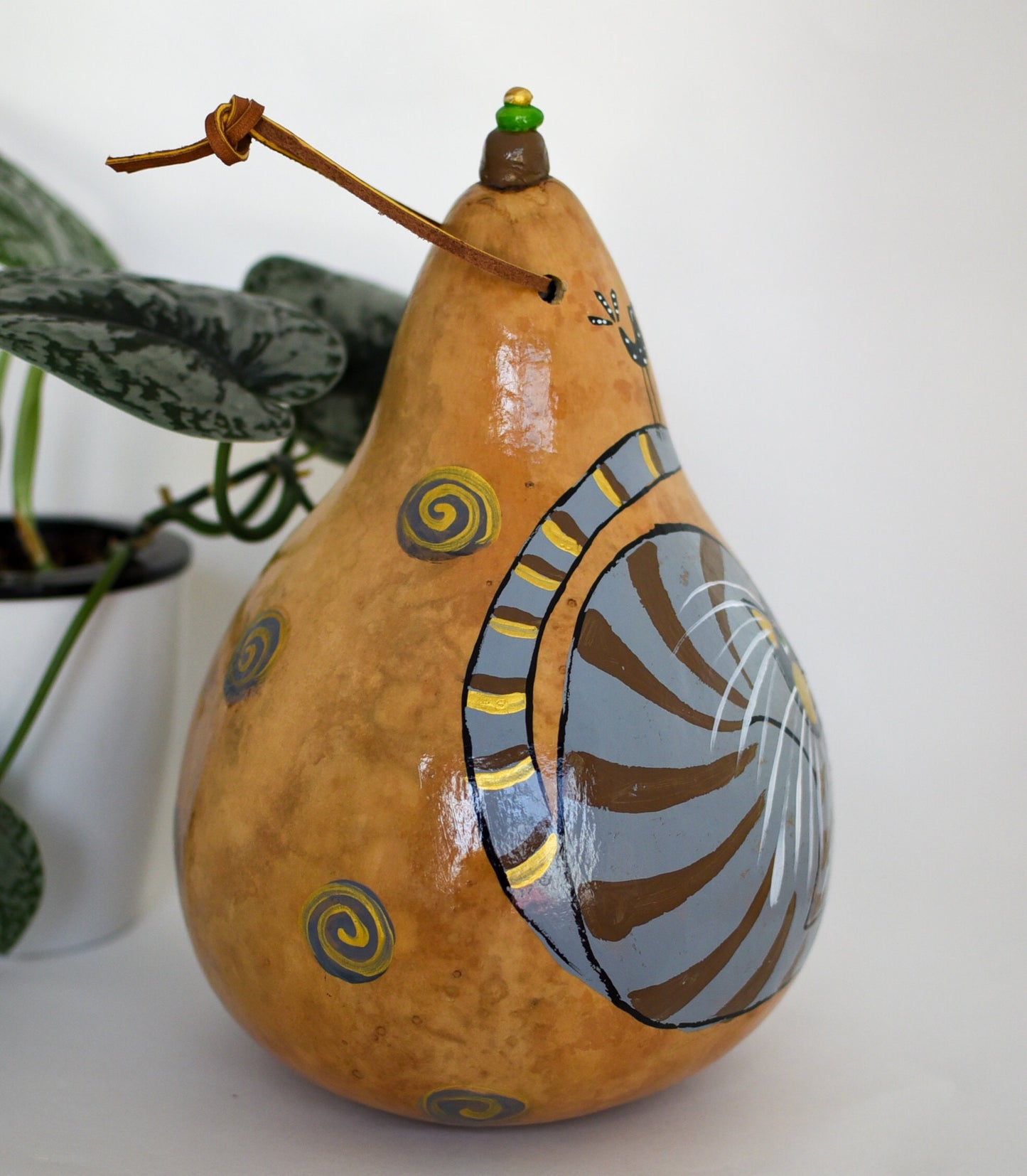 Painted Gourd Birdhouse - Gray Tabby