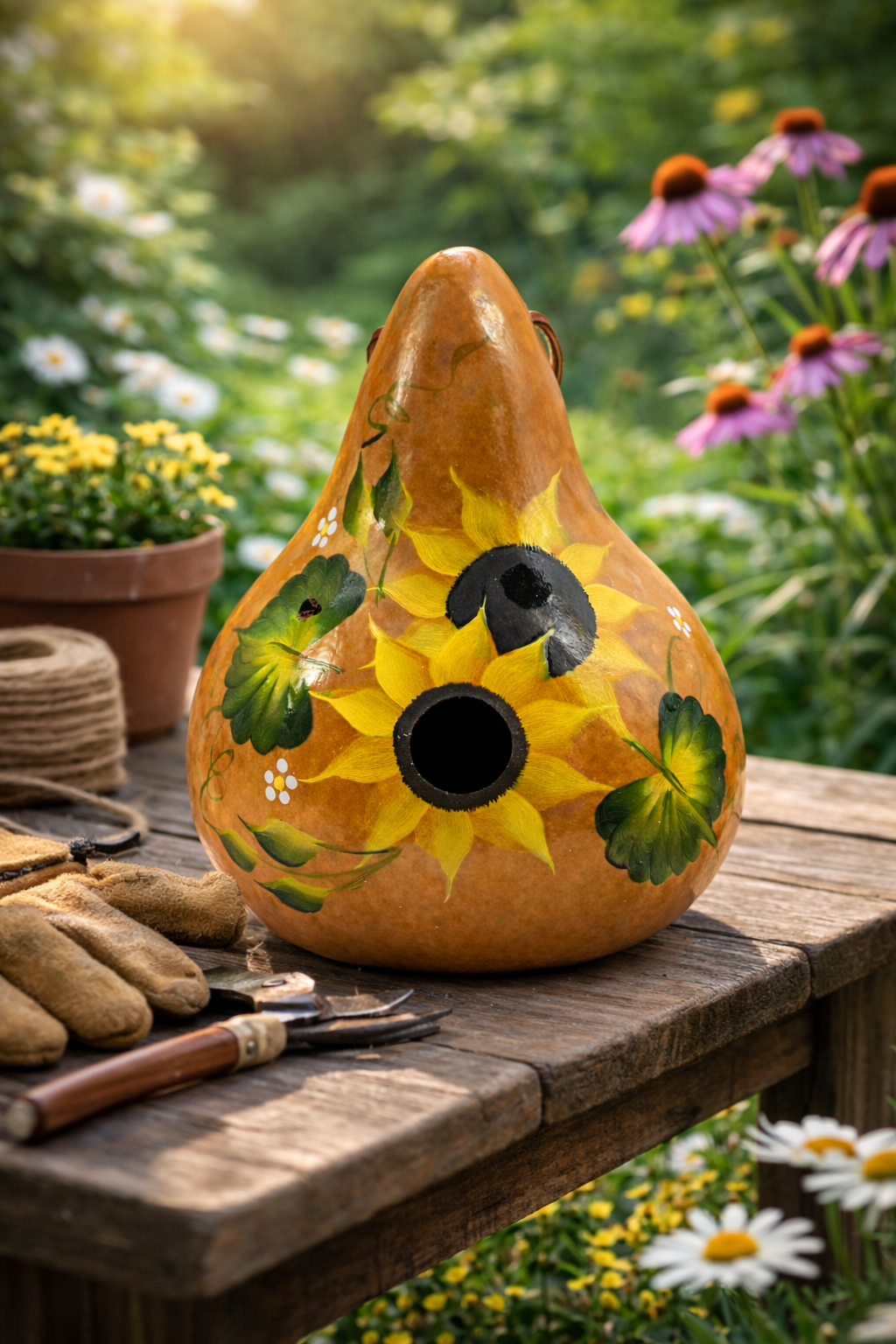 Hand Painted Sunflower Gourd Birdhouse – Handmade Outdoor Garden Birdhouse 10–12"