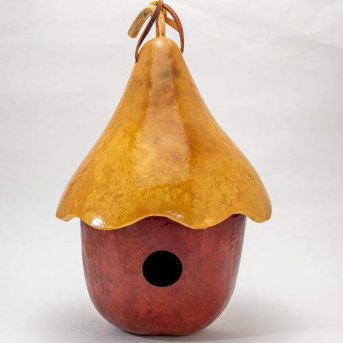 A birdhouse made from a dried, hard-shelled gourd dyed red at the bottom and natural color at the top, with a leather strap for hanging.