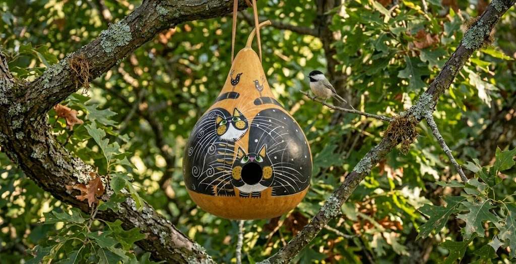 Black Cat Gourd Birdhouse – Handmade Outdoor Garden Decor with