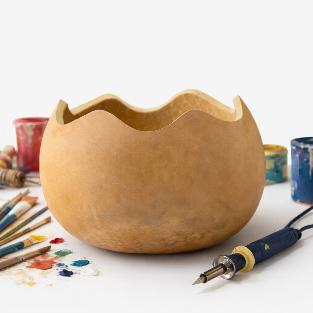 Precut 8-inch dried gourd bowl with scalloped edge, cleaned and sanded, ready for crafting and decorating