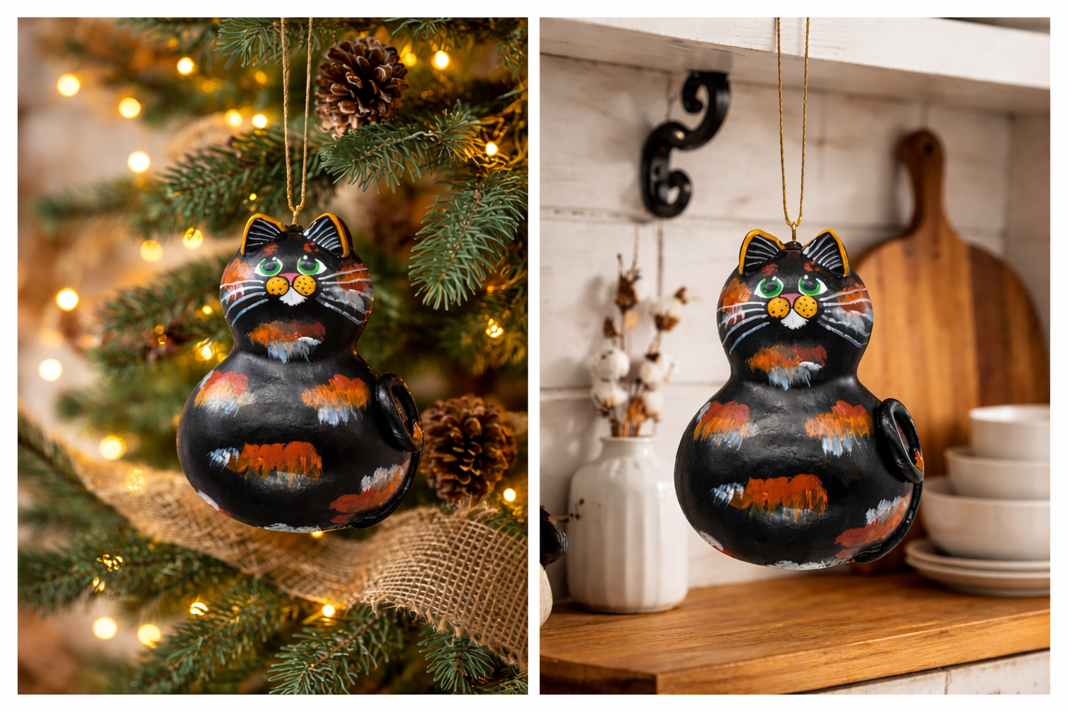 Handmade tortoiseshell cat ornament crafted from a natural gourd with hand-painted acrylic details and protective finish.