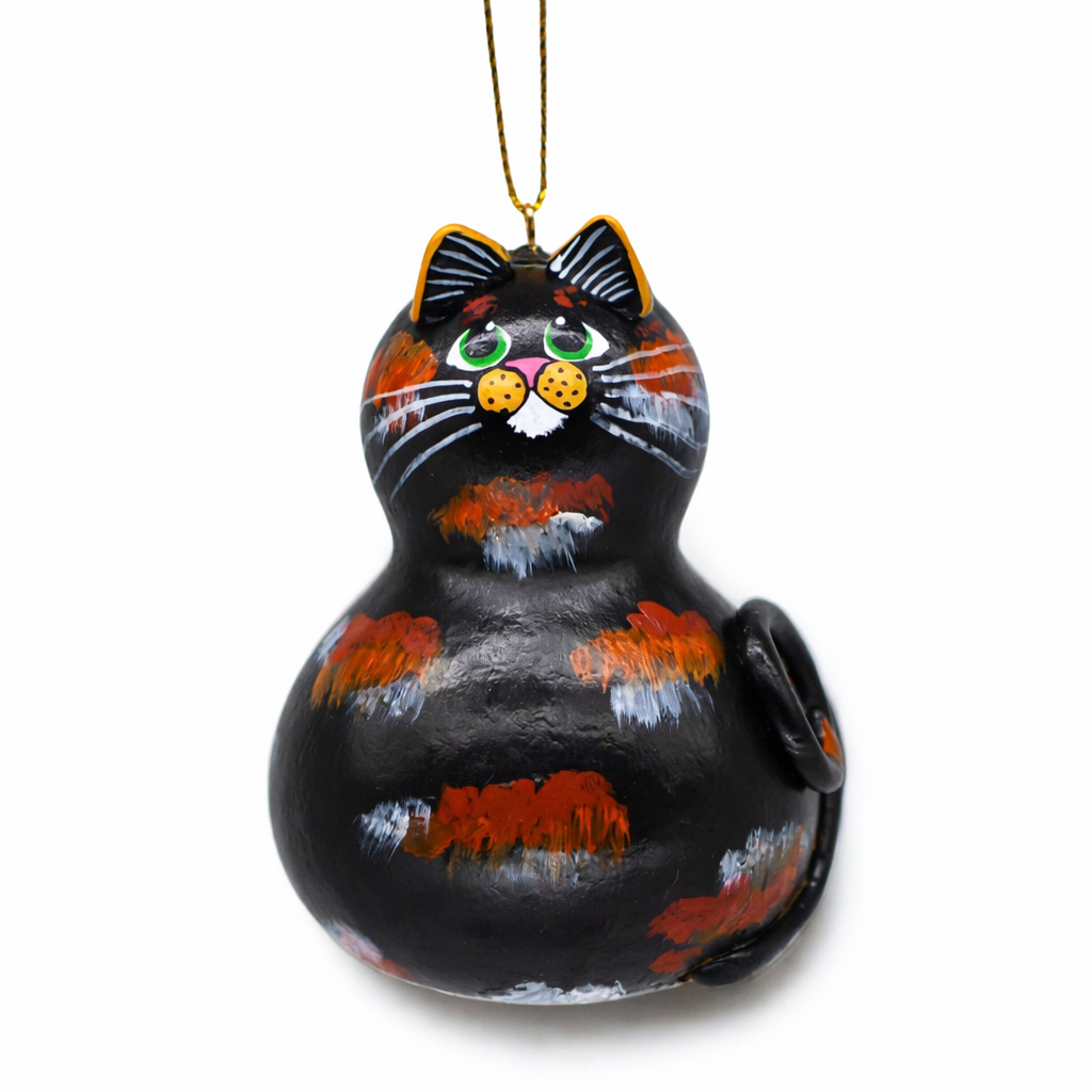 Handmade tortoiseshell cat ornament crafted from natural gourd with detailed acrylic painting and protective finish