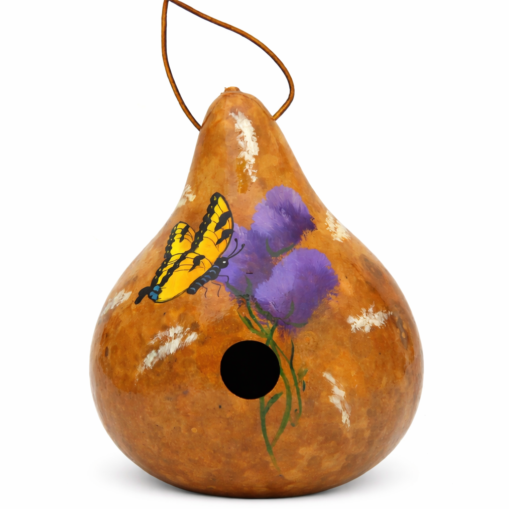 Hand-painted Monarch Butterfly gourd birdhouse hanging outdoors