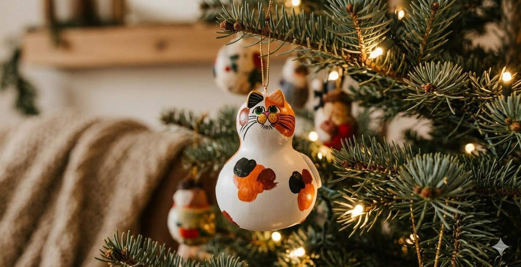 Hand painted calico cat ornament on natural dried gourd with bright markings