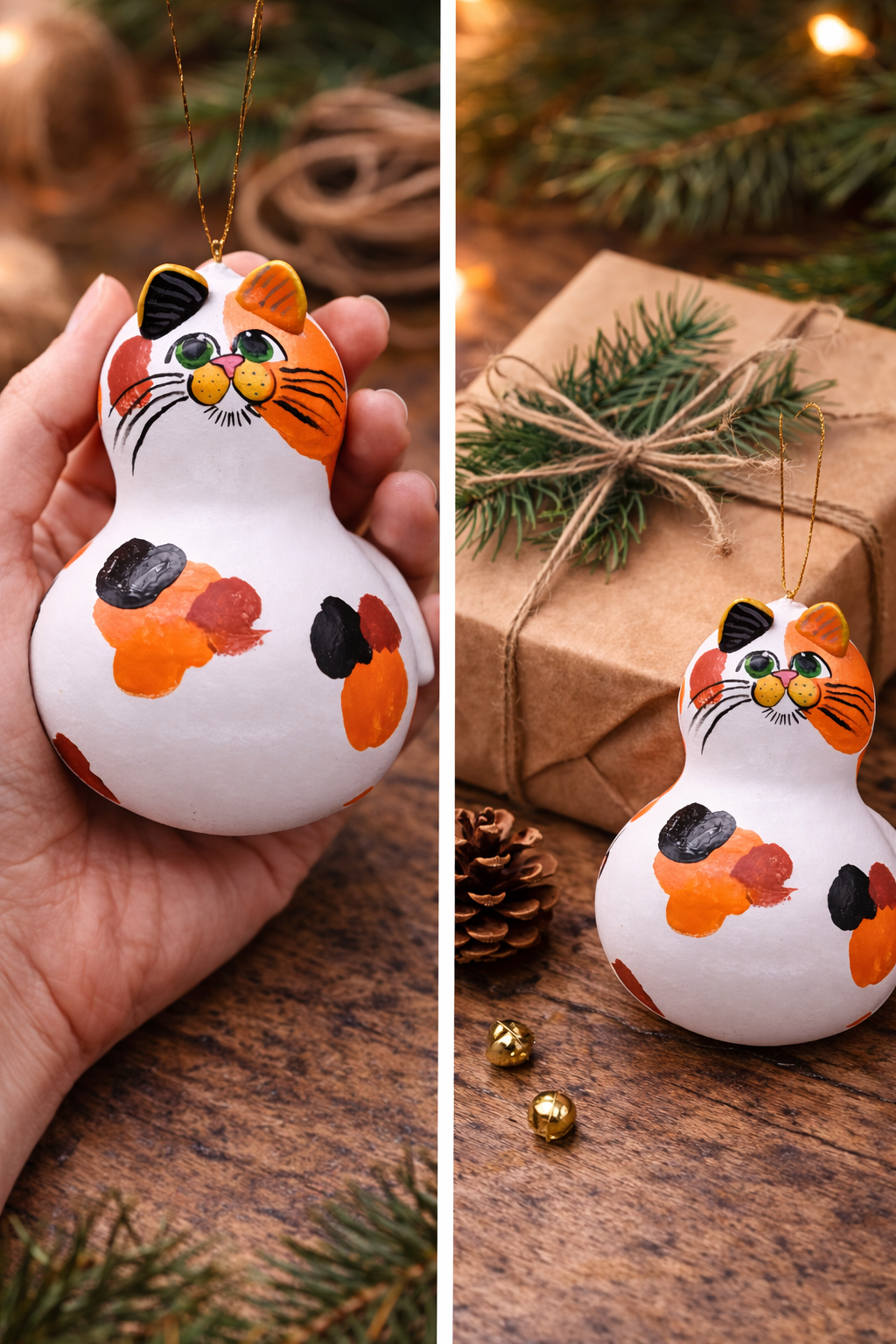 Hand painted calico cat ornament on natural gourd, cat lover gift or pet memorial