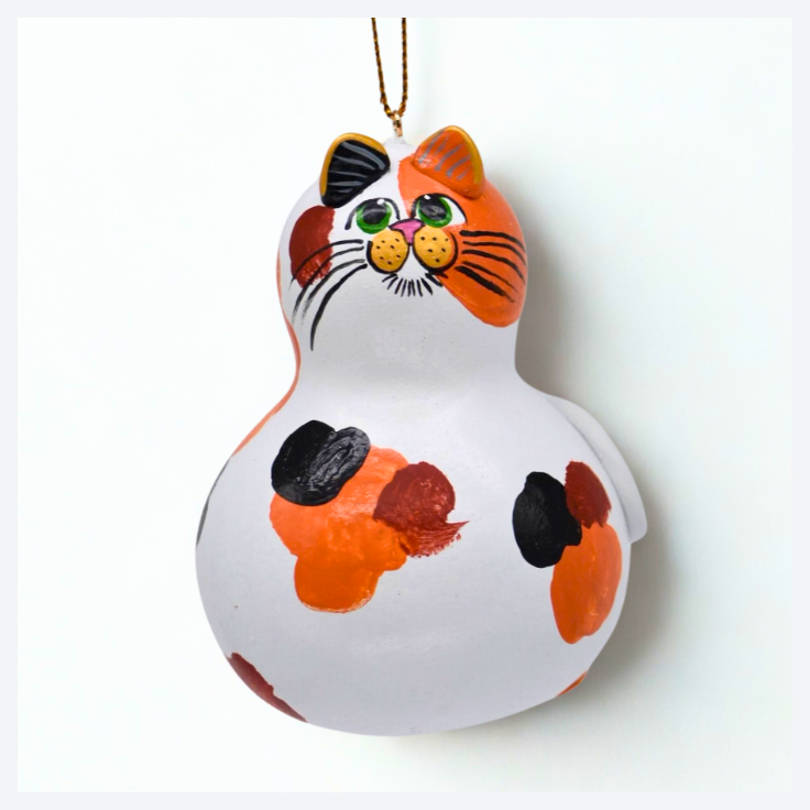 Hand painted calico cat ornament on natural dried gourd with bright markings, handmade gift for cat lovers and pet memorials