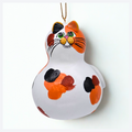 Hand painted calico cat ornament on natural dried gourd with bright markings, handmade gift for cat lovers and pet memorials