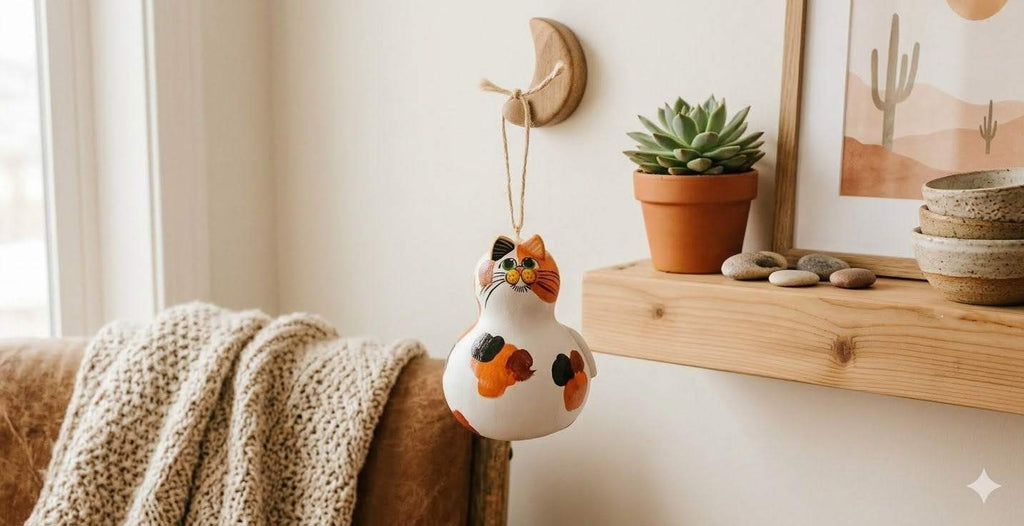 Hand painted calico cat ornament on natural dried gourd with unique bright markings