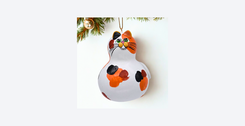 Hand painted calico cat ornament on natural dried gourd, unique cat lover gift or pet memorial