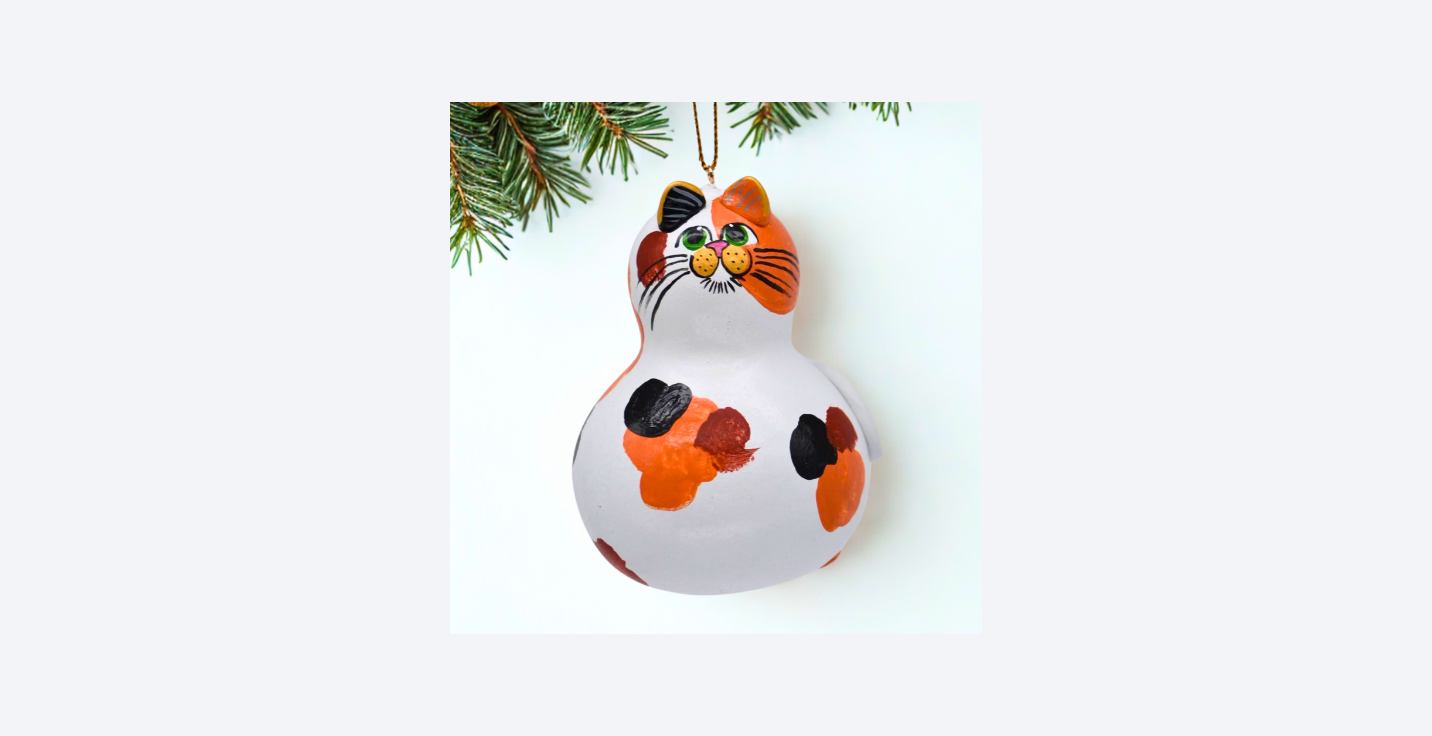 Hand painted calico cat ornament on natural gourd for cat lovers and pet memorials