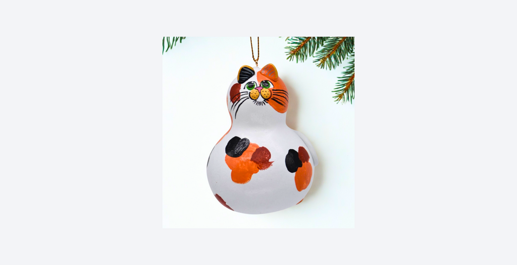 Hand painted calico cat ornament on natural gourd, cat lover gift or pet memorial keepsake