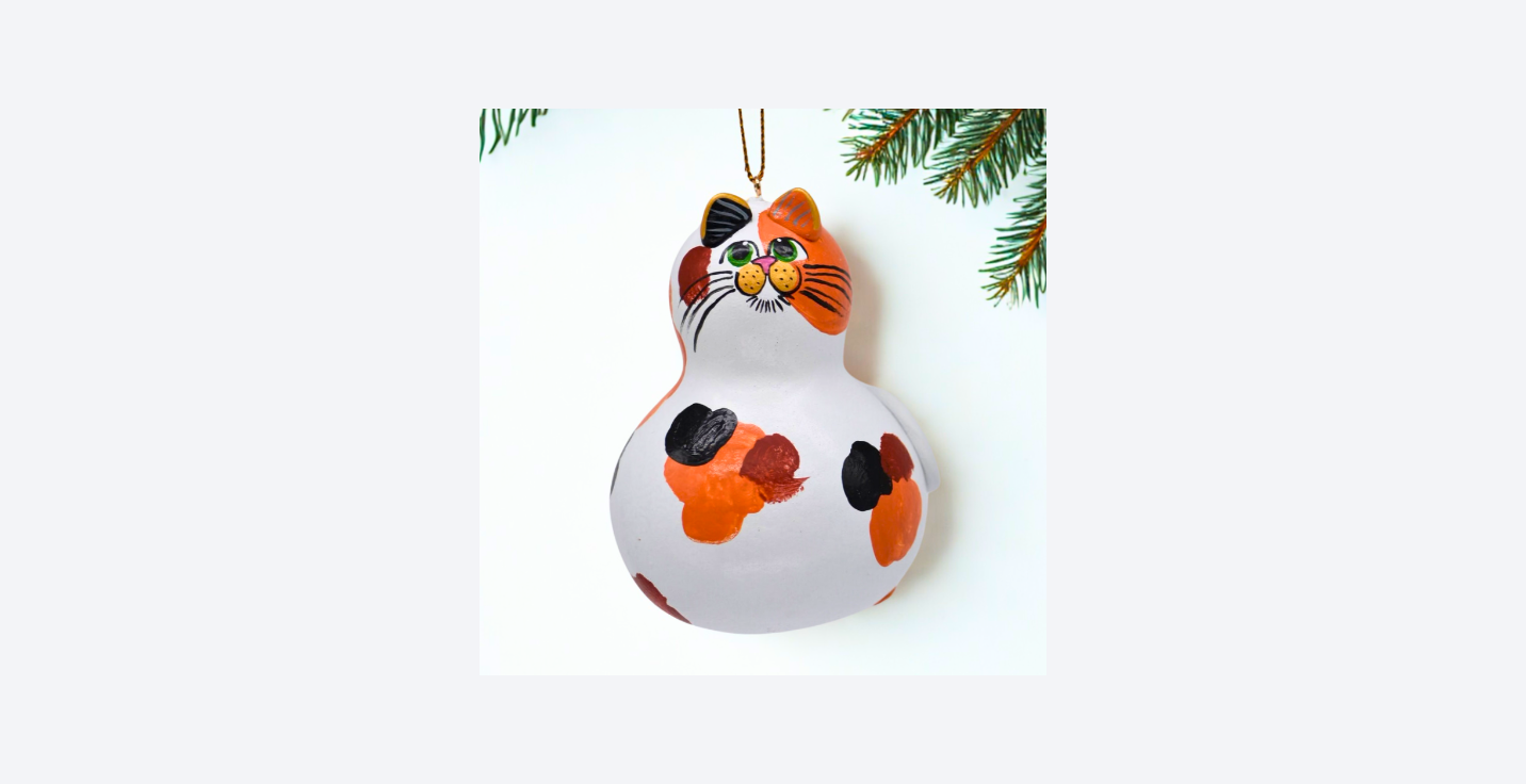 Hand painted calico cat ornament on natural gourd, cat lover gift or pet memorial keepsake