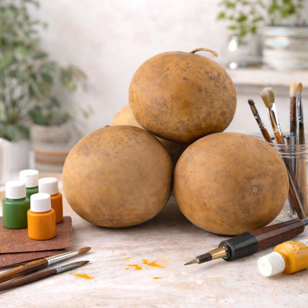 Cannonball gourds on a table with painting supplies including bottles, brushes, and a dropper.
