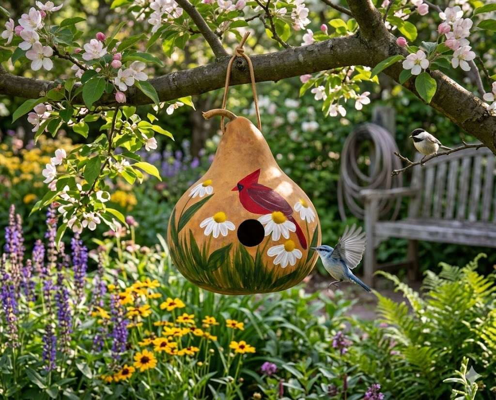 A hand painted cardinal gourd birdhouse hangs in a lush garden filled with green foliage, pink and purple flowers, and dappled sunlight, creating an inviting and natural atmosphere. A small bird perch on the gourd’s entrance, emphasizing its functionality.