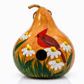 Hand-painted red cardinal birdhouse made from natural gourd for small songbirds, weather-resistant garden decor.