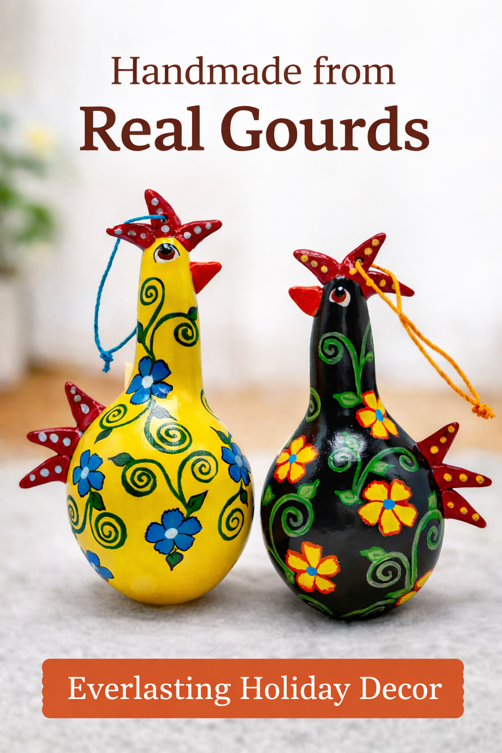 Handmade chicken ornament set of two hand-painted dried gourds for farmhouse Christmas décor
