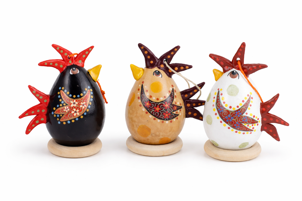 Set of three handmade chicken ornaments crafted from natural dried gourds with colorful folk art painting