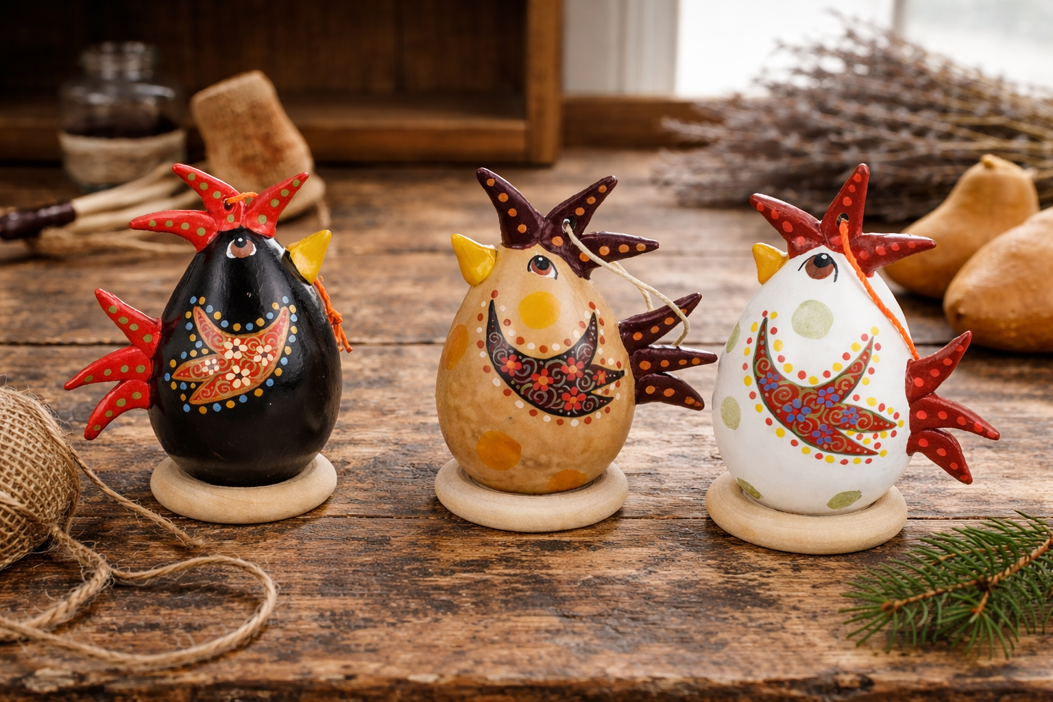 Hand-Painted Chicken Gourd Ornaments – Set of 3 | Farmhouse Christmas Decor