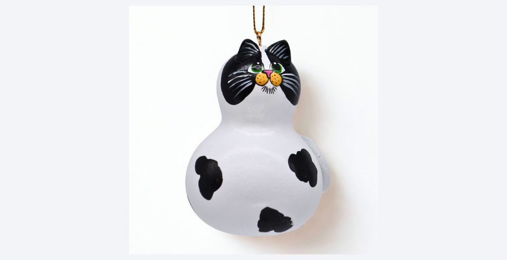 Hand painted cow cat ornament Oswald made from natural mini bottle gourd with sculpted ears and tail