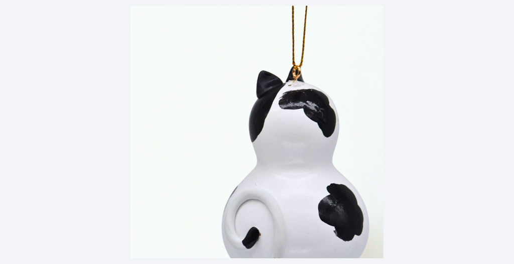 Hand painted cow cat ornament Oswald made from natural mini bottle gourd with black and white cat design