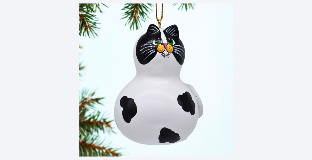 Hand painted Oswald cow cat ornament made from natural mini bottle gourd for cat lovers and pet memorial gifts