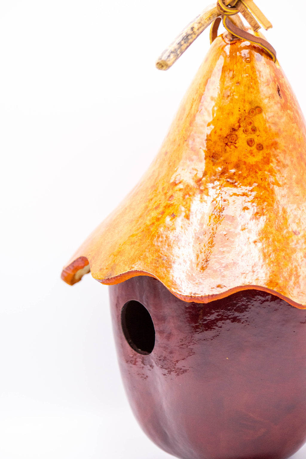 Apple Gourd Birdhouse with Hat – Handcrafted, Natural Top, Wren Size