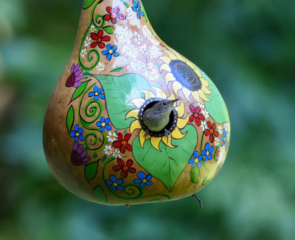 Hand Painted Sunflower Gourd Birdhouse – Handmade Outdoor Garden Birdhouse 10–12"