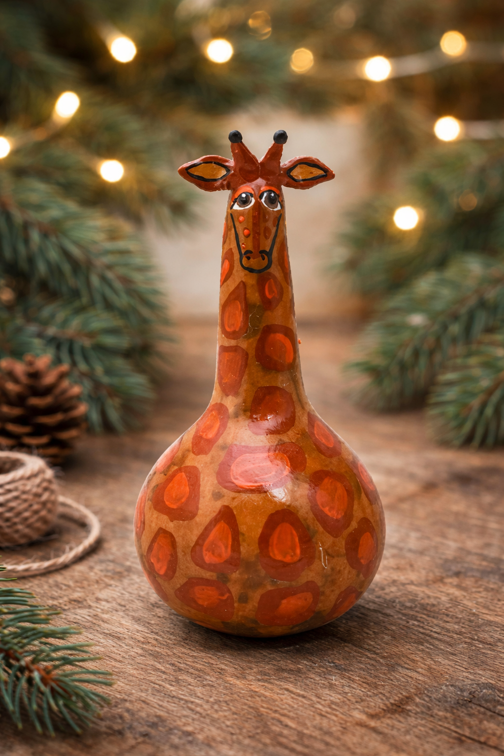 Handmade giraffe ornament gourd art with acrylic paint and resin details, 6 inches tall.